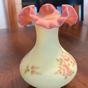 Vintage Fenton Hand Painted Roses Burmese Satin Ruffled Vase